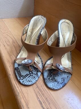 Brown Snake-Print Thong Heels with Stone Accent - Women